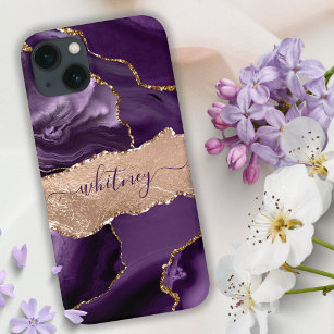 Indigo Purple Agate & Rose Gold Glitter Girly iPhone 13 Case