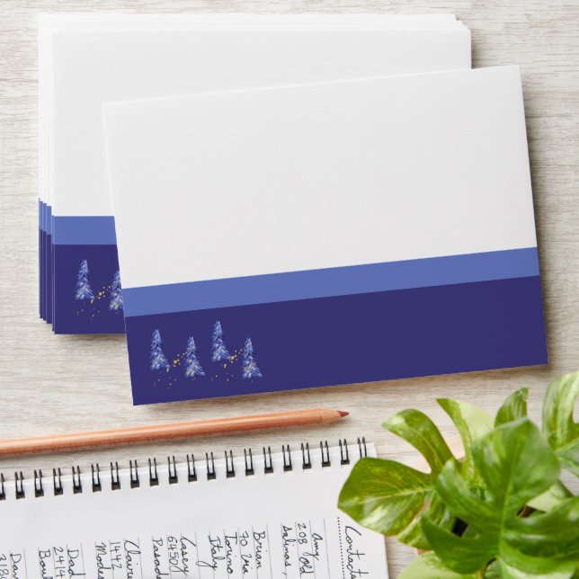 Indigo Purple Christmas Tree Golden Snow Envelope (Stacked)