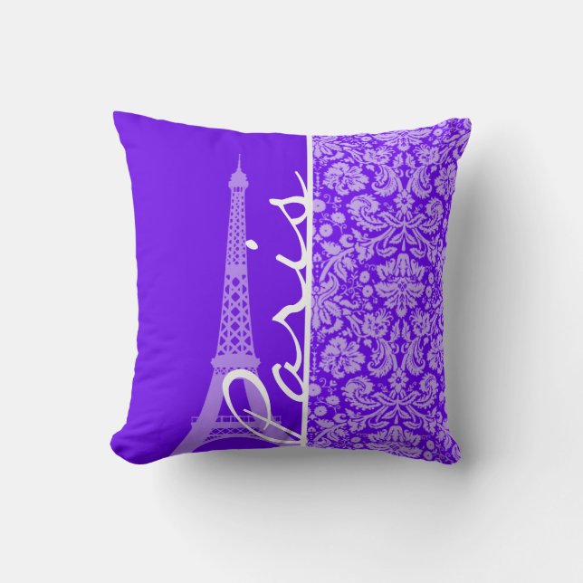 Indigo, Purple Damask; Paris; Eiffel Tower Cushion (Front)