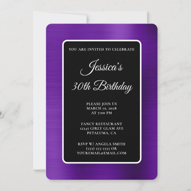 Indigo Purple Foil Black and White 30th Birthday Invitation (Front)