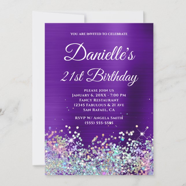 Indigo Purple Foil Holo Glitter 21st Birthday Invitation (Front)
