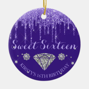 Indigo & Purple Glitter Drip Diamond Sweet Sixteen Ceramic Ornament