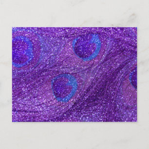 indigo purple glitter peacock feathers postcard