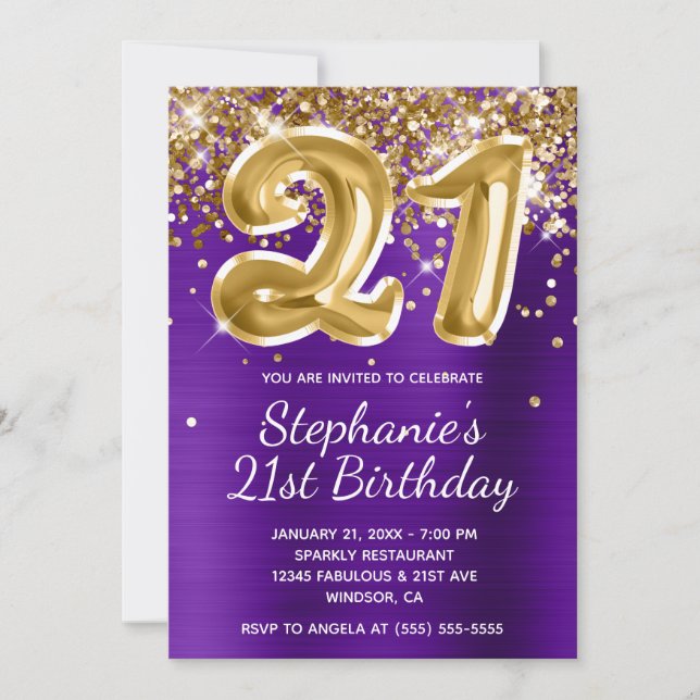 Indigo Purple Gold Glitter Balloon 21st Birthday Invitation (Front)