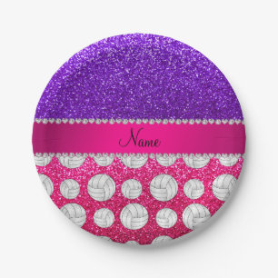 Indigo purple neon hot pink glitter volleyballs paper plate