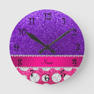 Indigo purple neon hot pink glitter volleyballs round clock