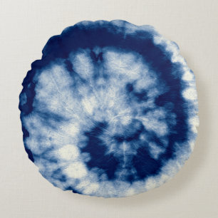 Indigo Round. Bohemian Tie Dye. Blue Roll Psychede Round Cushion