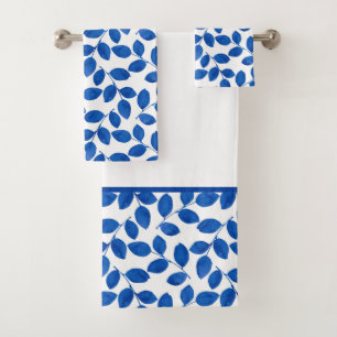 Indigo Royal Blue Watercolor Leaves Pattern Bath T Bath Towel Set