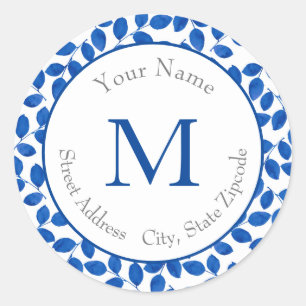 Indigo Royal Blue Watercolor Leaves Pattern Classic Round Sticker