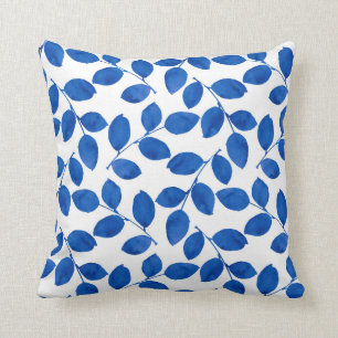 Indigo Royal Blue  Watercolor Leaves Pattern Cushion