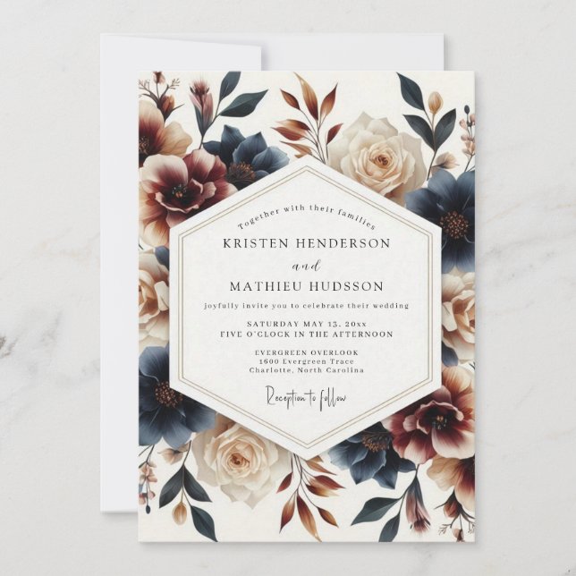 Indigo Russet Painterly Bloom Wedding Invitation (Front)
