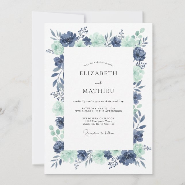 Indigo Seafoam Peony Wedding Invitation (Front)