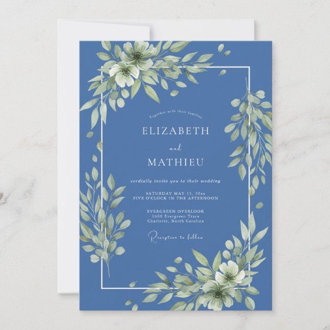 Indigo Serene Foliage Wedding Invitation (Front)