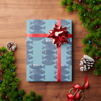 Indigo Shoal  Modern Blue Fish Pattern Wrapping Paper