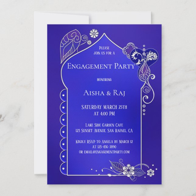 Indigo Silver Henna Mehndi Engagement Invitation (Front)