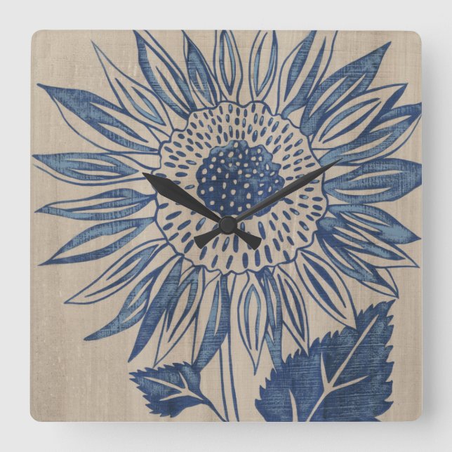 Indigo Sunflower Square Wall Clock (Front)