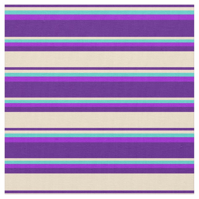 Indigo, Tan, Turquoise, and Dark Violet Stripes Fabric (Close Up)
