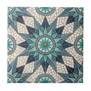 Indigo Teal Compass Mosaic – Stained Glass Ceramic Tile