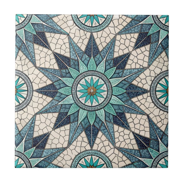 Indigo Teal Compass Mosaic – Stained Glass Ceramic Tile (Front)