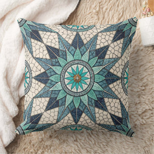 Indigo Teal Compass Mosaic – Stained Glass Cushion