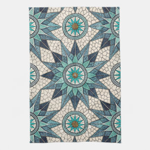 Indigo Teal Compass Mosaic – Stained Glass Tea Towel