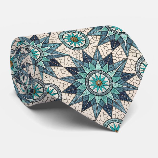 Indigo Teal Compass Mosaic – Stained Glass Tie (Rolled)