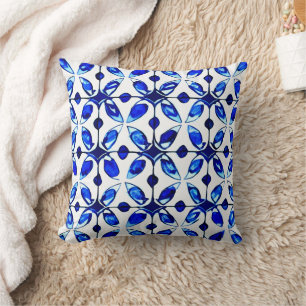 Indigo Tiles Abstract Floral Pattern Cushion