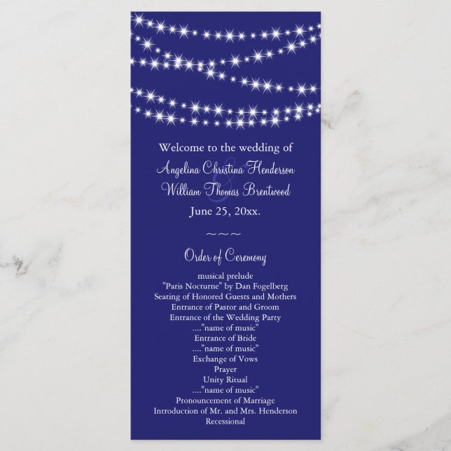 Indigo Twinkle Lights Wedding Program (Front)