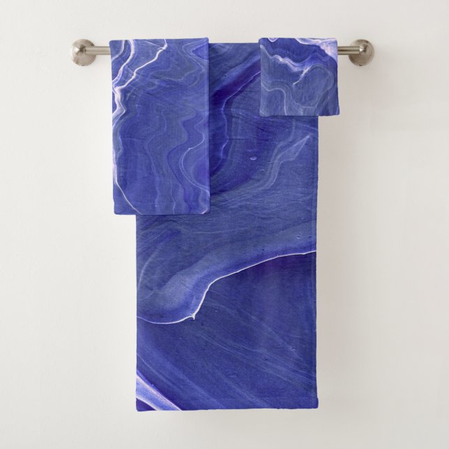 Indigo Violet Agate Marble Abstraction Bath Towel Set (Insitu)