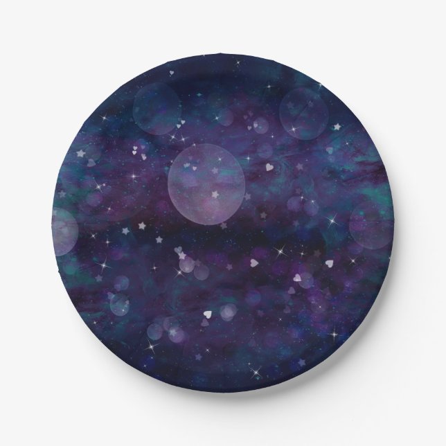 Indigo Violet Pretty Sparkle Lights Hearts & Stars Paper Plate (Front)