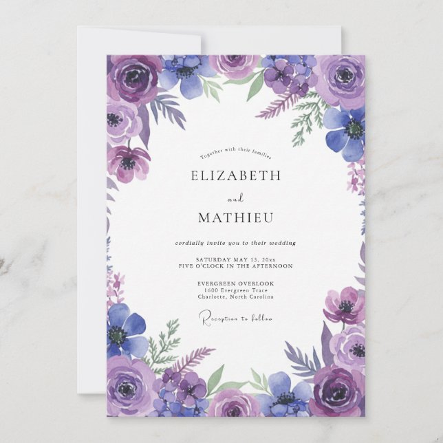 Indigo Violet Wildflower Wedding Invitation (Front)