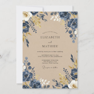 Indigo Warm Gold Leafy Wedding Invitation