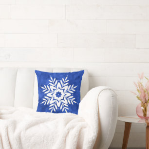 Indigo Watercolor Abstract Snowflake Cushion