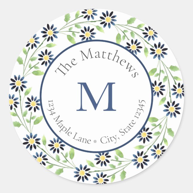 Indigo Watercolor Daisies Leaves labels (Front)