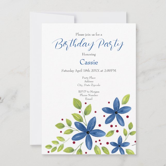 Indigo Watercolor Floral Bouquet Invitation (Front)
