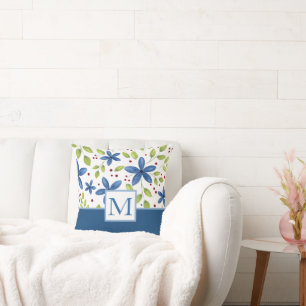 Indigo Watercolor Floral Bouquet Pattern Cushion