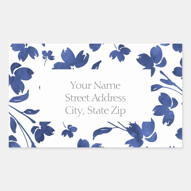 Indigo Watercolor Flower Stems  Rectangular Sticker (Front)