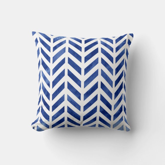 Indigo Watercolor Herringbone Chevron Cushion (Front)