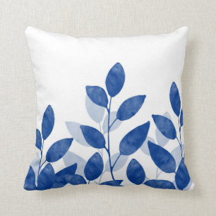 Indigo Watercolor Leaves Cushion
