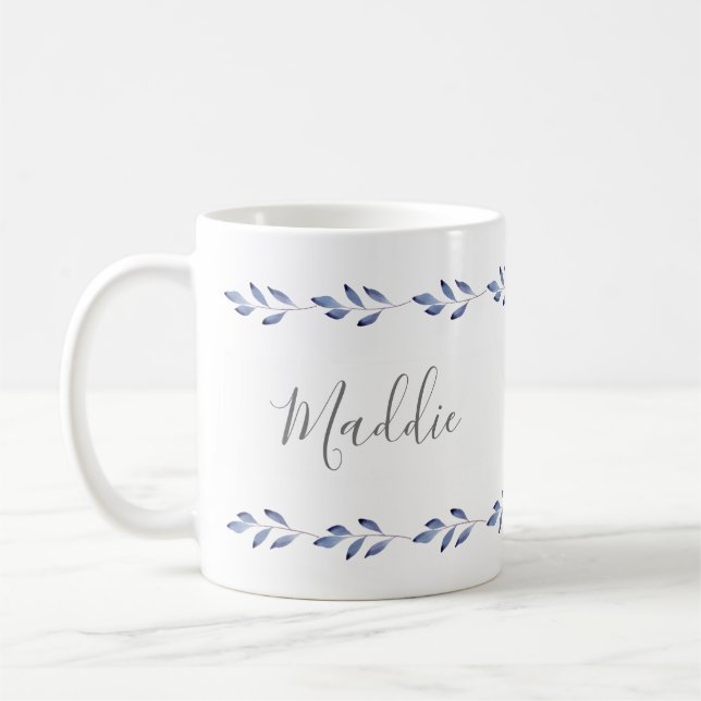 Indigo Watercolor Leaves Garland Coffee Mug (Left)