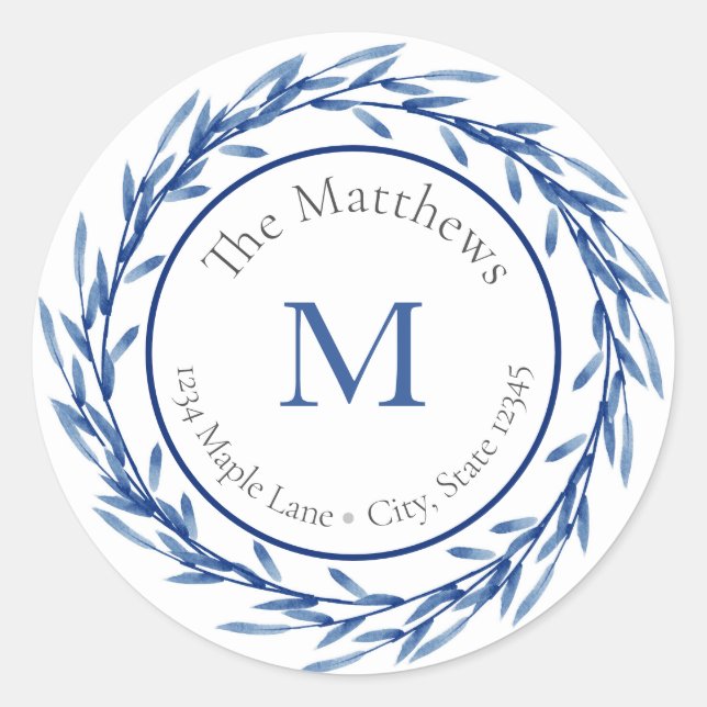 Indigo Watercolor Leaves labels (Front)