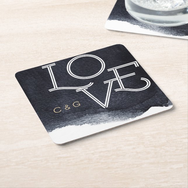 Indigo watercolor modern simple couple monogram square paper coaster (Angled)