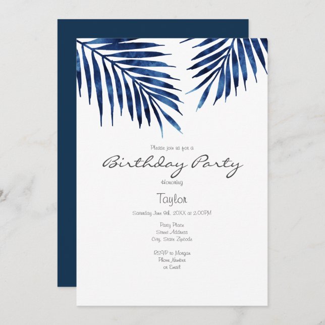 Indigo Watercolor Palm Fronds Invitation (Front/Back)