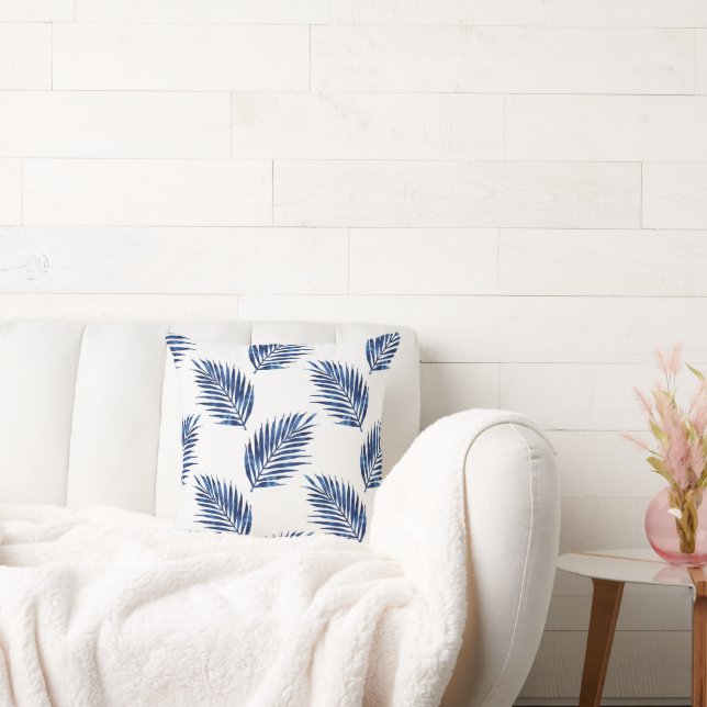 Indigo Watercolor Palm Fronds Pattern Cushion (Couch)