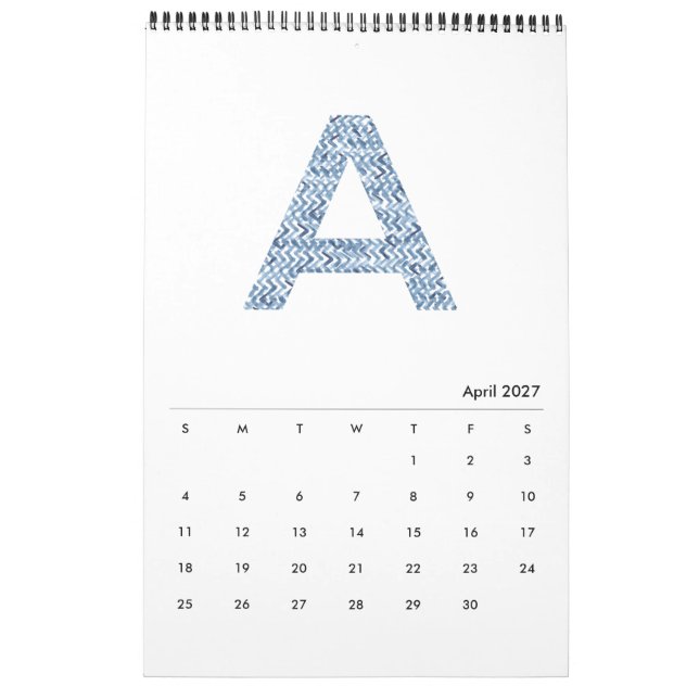 Indigo Watercolor Pattern Minimalist 2019 Calendar (Apr 2027)