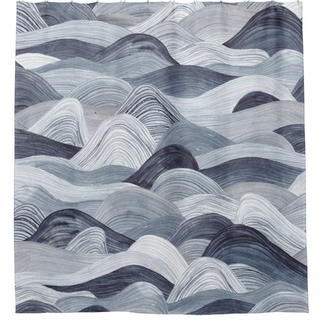 Indigo Watercolor Wave Seamless Shower Curtain (Front)