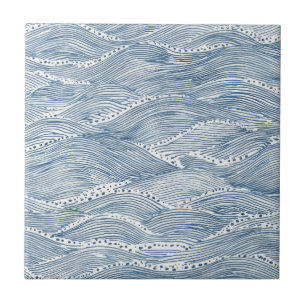 Indigo Wave Line Art Ceramic Tile