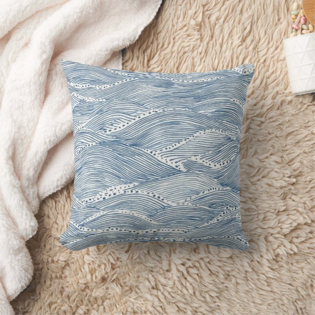 Indigo Wave Line Art Cushion (Blanket)