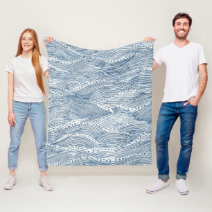 Indigo Wave Line Art Fleece Blanket