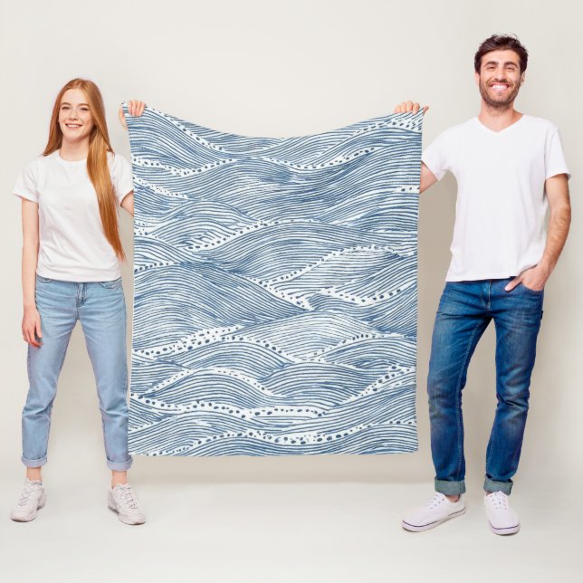 Indigo Wave Line Art Fleece Blanket (In Situ)
